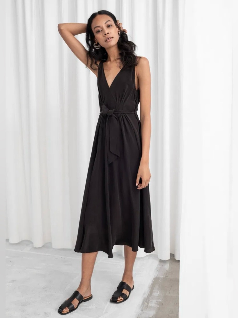 & Other Stories Black Silk V-Neck Midi Dress with Belt - Size 6